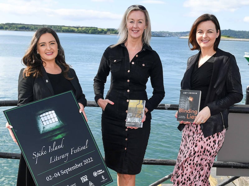 Michelle Russell, Spike Island marketing manager, with authors Michelle Dunne and Amy Cronin, at the Spike Island Literary Festival. Photograph: David Keane