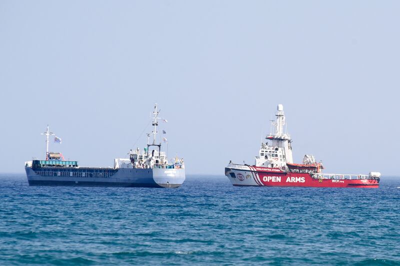 An Open Arms ship and the ship Jenifer vessel of the World Central Kitchen carrying food aid for the Gaza Strip, prepare to set sail from the port of  Larnaca in Cyprus on March 30th. Photograph: Iakovos Hatzistavrou/AFP via Getty