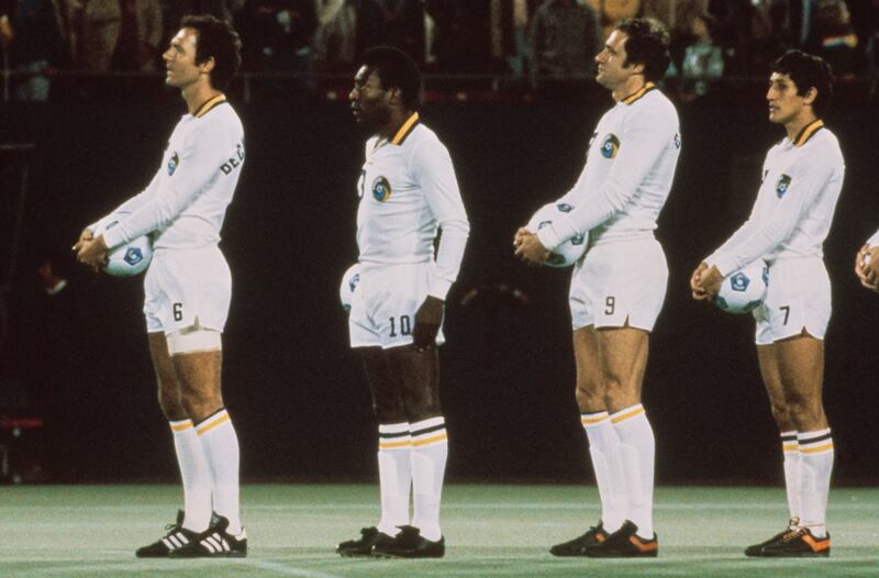 Franz Beckenbauer, Pelé, Italian footballer Giorgio Chinaglia and Paraguayan player Romerito line up for New York Cosmos in 1980. Photograph: Bongarts/Getty Images