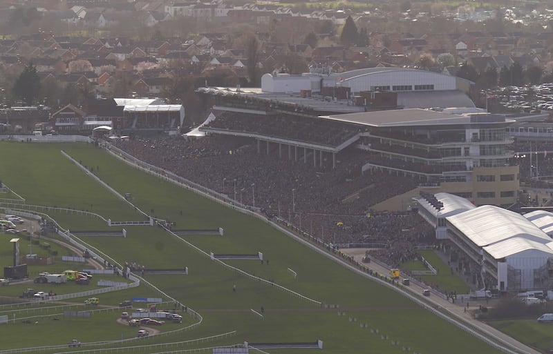 The packed grandstands as seen from Cleeve Hill as Galopin Des Champs ridden by Paul Townend wins the  Cheltenham Gold Cup in 2023. Photograph: Jacob King/PA