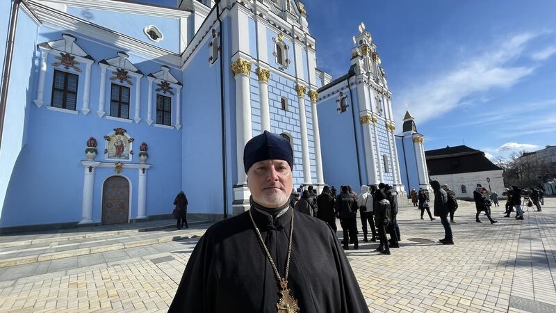 Father Ihor, a priest of the Orthodox Church of Ukraine, outside St Michael’s monastery in Kyiv. Photograph: Daniel McLaughlin