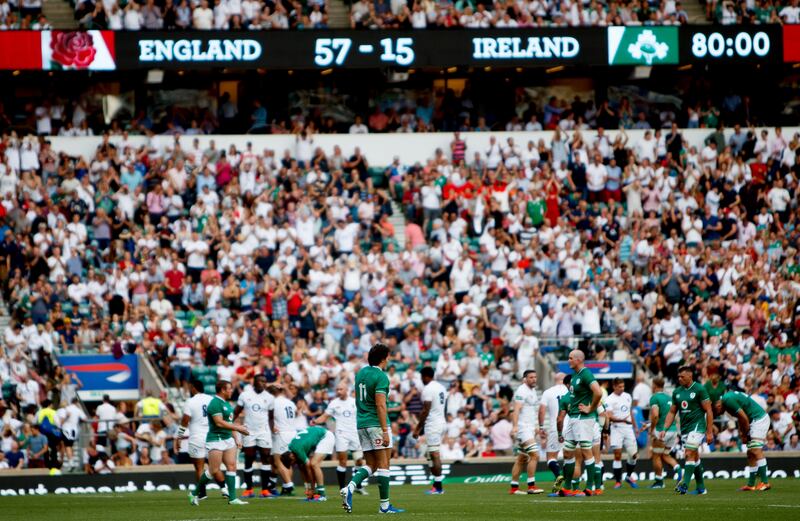 The scoreboard tells the tale of Ireland's heaviest ever defeat to England. Photograph: James Crombie/Inpho