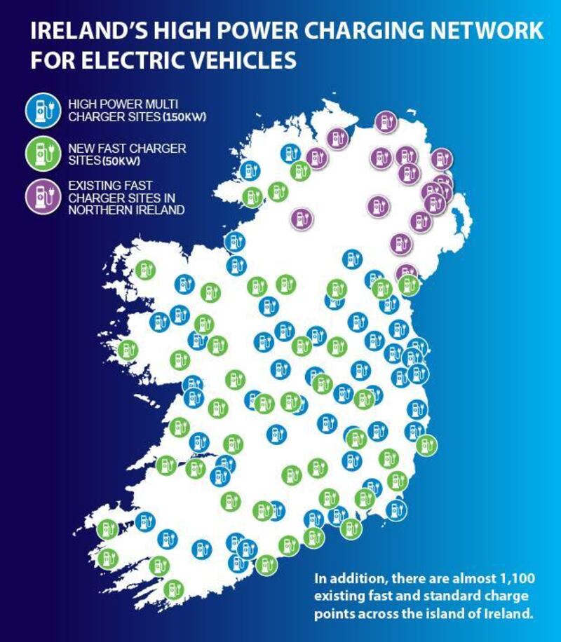 An approximate outline of new EV charging hub locations, specifics of which are now in planning. Graphic: Courtesy of ESB