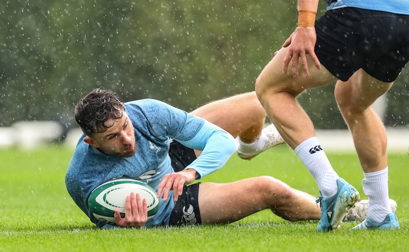 Hugo Keenan during an Ireland squad training session in Faro, Portugal. Photograph: Billy Stickland/Inpho