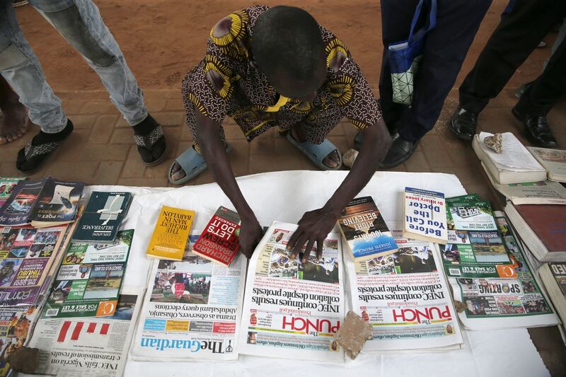 A newspaper stand in the  Ikeja district of Lagos, Nigeria. The election is the most competitive since the end of military rule in 1999. Photograph: Akintunde Akinleye/EPA