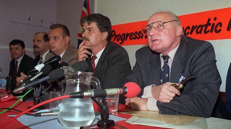 Former UVF leader Gusty Spence along with William Smyth, Gary McMichael, David Irvine and David Adams, announcing the loyalist ceasefire in 1994