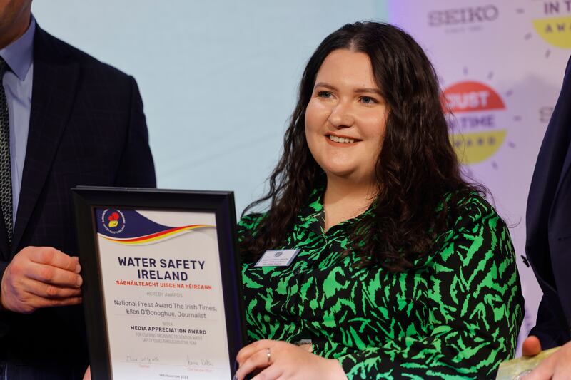 Irish Times journalist Ellen O’Donoghue receiving the National Press Award at the Water Safety Ireland national awards ceremony. Photograph: Alan Betson/The Irish Times