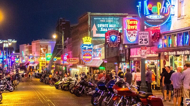 Memphis, Tennessee: Beale Street at night with local bars and clubs, and motorcycles lining the streets