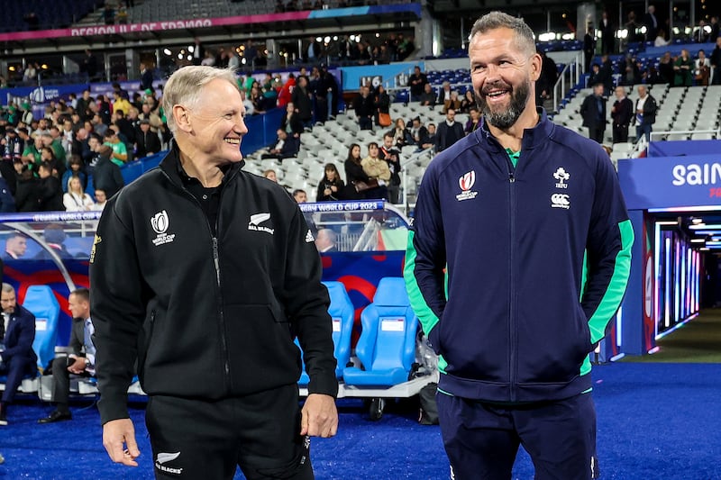 Joe Schmidt and Andy Farrell at the 2023 World Cup quarter-final between Ireland and New Zealand at the Stade de France. Photograph: Dan Sheridan/Inpho