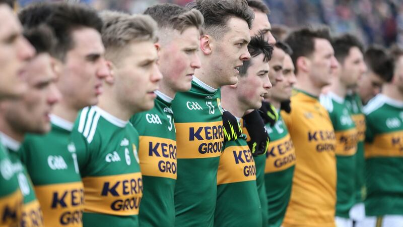 David Clifford (sixth left) and his Kerry team-mates line up  Austin Stack Park, Tralee. Kerry are bringing all these lads through together because they have to, not because they want to. Photograph: Cathal Noonan/Inpho