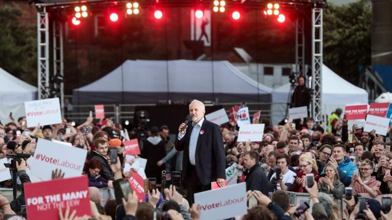 Rally driver: Jeremy Corbyn spoke at rallies all over Britain, attracting huge crowds, almost always in safe Labour seats. Photograph: Simon Dawson/Bloomberg