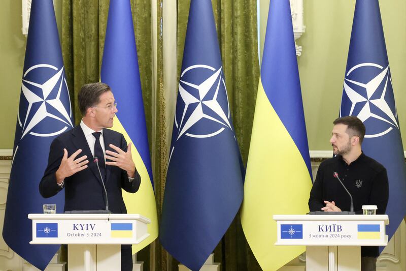 New Nato secretary general Mark Rutte with Ukrainian president Volodymyr Zelenskiy. Photograph: Anatolii Stepanov/Getty Images