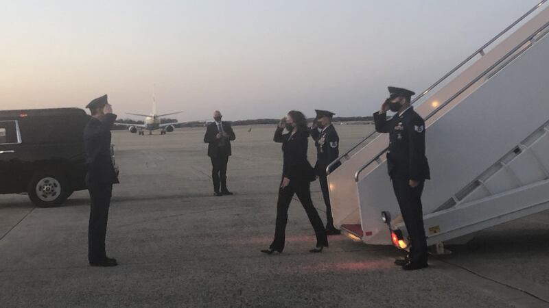 Harris exiting Air Force Two. Photograph: Suzanne Lynch