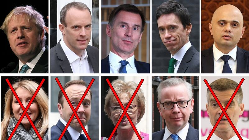 The Tory leadership candidates still standing, (left to right, top row) Boris Johnson, Dominic Raab, Jeremy Hunt, Rory Stewart, Sajid Javid and  (bottom row) Michael Gove. Out of the race are (bottom row from left) Esther McVey, Matt Hancock, Andrea Leadsom and Mark Harper. Photograph: PA