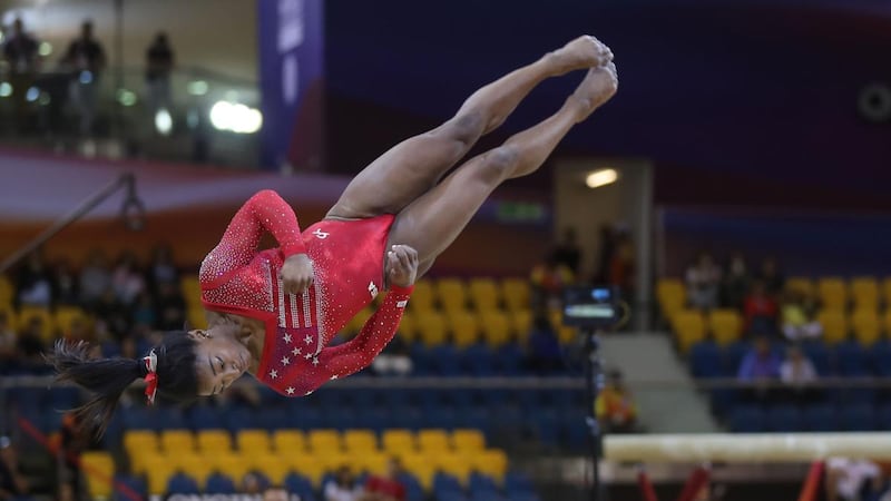 Simone Biles competes in the final of the 2018 FIG Artistic Gymnastics Championships in Doha on October 30th, 2018. Photograph: Karim Jaafar/AFP/Getty