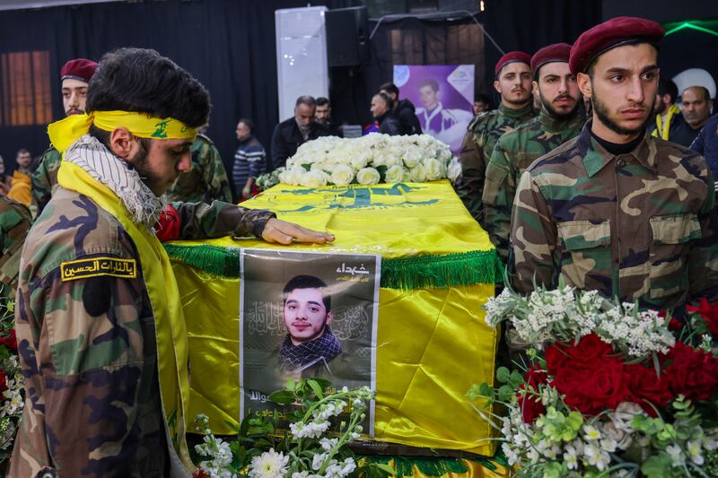 The funeral of Hizbullah member Hadi Hassan Awala, who was killed in southern Lebanon amid ongoing cross-border tensions between Israel and Hizbullah, takes place in Beirut on December 27th. Photograph: Anwar Amro/AFP via Getty Images