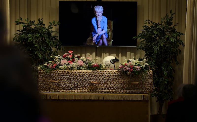 Smith's racing helmet rests on her coffin ahead of the ceremony. Photograph: Nick Bradshaw/The Irish Times