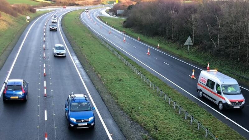 The A55 contraflow with, on the right, the two lanes commandeered as an Holyhead Port overflow lorry park for trucks whose post-January 1st UK export papers are not in order. Photograph: Peter Murtagh