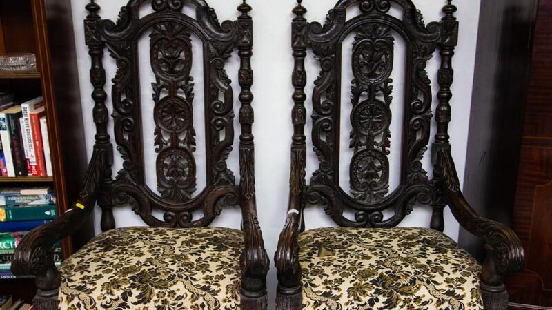 Pair of profusely carved oak throne chairs originally from Kilkenny Castle €600–€900