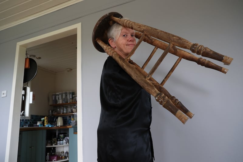 Mary Duffy with the stool she uses for everything. Photograph: Nick Bradshaw