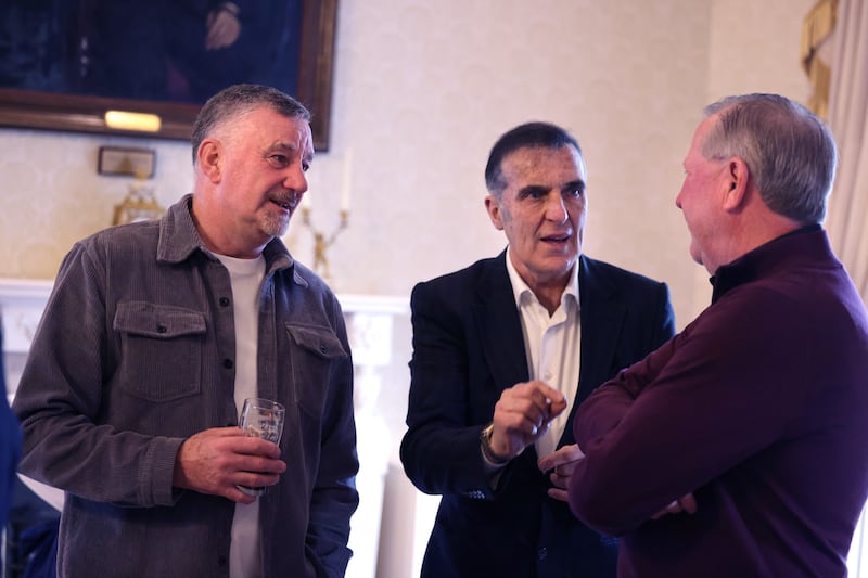 John Aldridge, Bernie Slaven and Ronnie Whelan at Áras an Uachtaráin. Photograph: Dara Mac Dónaill 








