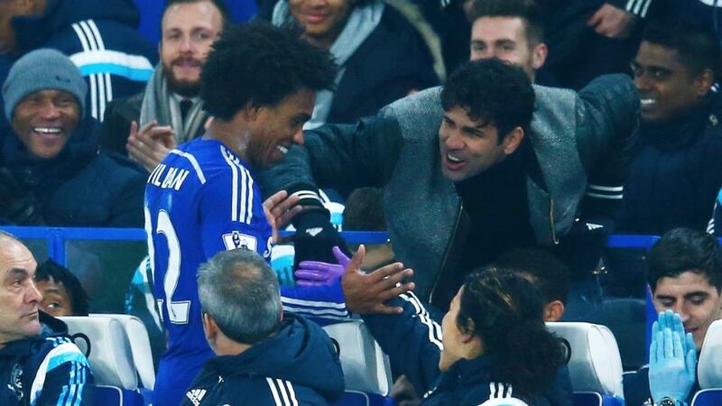 Diego Costa congratulates Willian of Chelsea after he scored the late winner against Everton at Stamford Bridge this week. Photograph: Eddie Keogh / Reuters