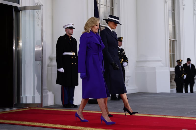 Outgoing US first lady Jill Biden, left, and former and incoming First Lady Melania Trump depart from the North Portico of the White House ahead of the 60th presidential inauguration. Photograph: Will Oliver/EPA/Bloomberg 