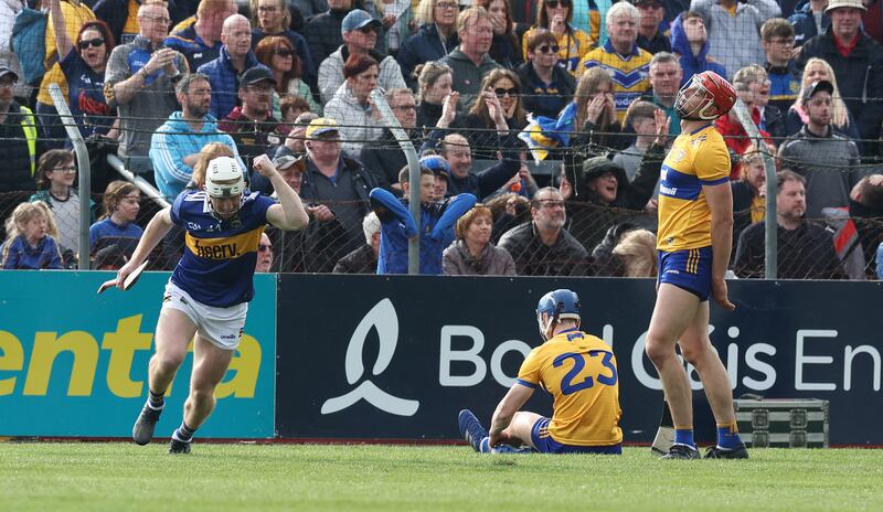 Sean Ryan of Tipperary celebrates scoring a goal. Photograph: Lorraine O’Sullivan/Inpho