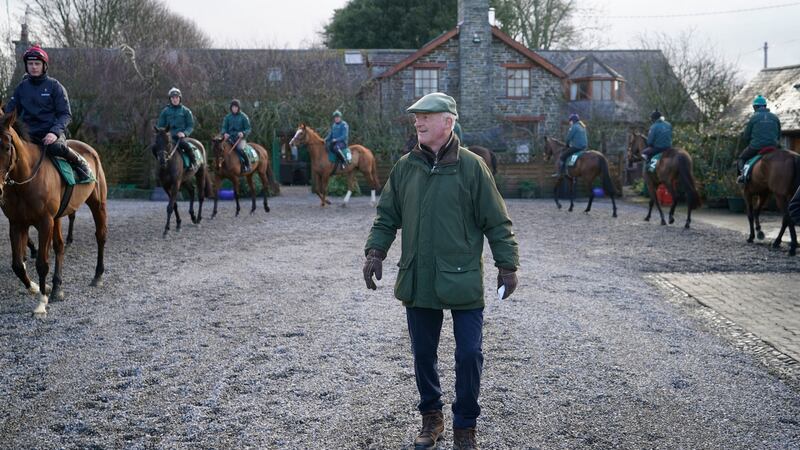 Willie Mullins watches his horses parade during a media visit to his yard at Closutton, Bagenalstown. Photograph: Niall Carson/PA Wire