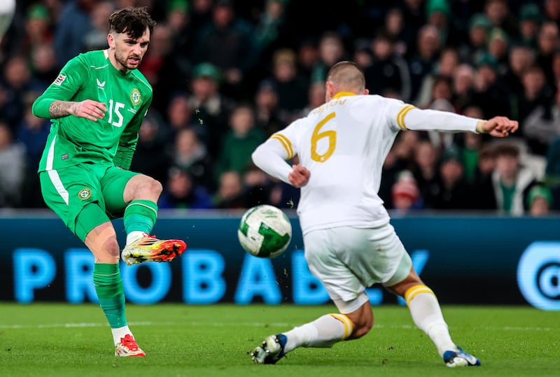 Ireland's Troy Parrott and Bulgaria's Valentin Antov. Photograph: Ryan Byrne/Inpho