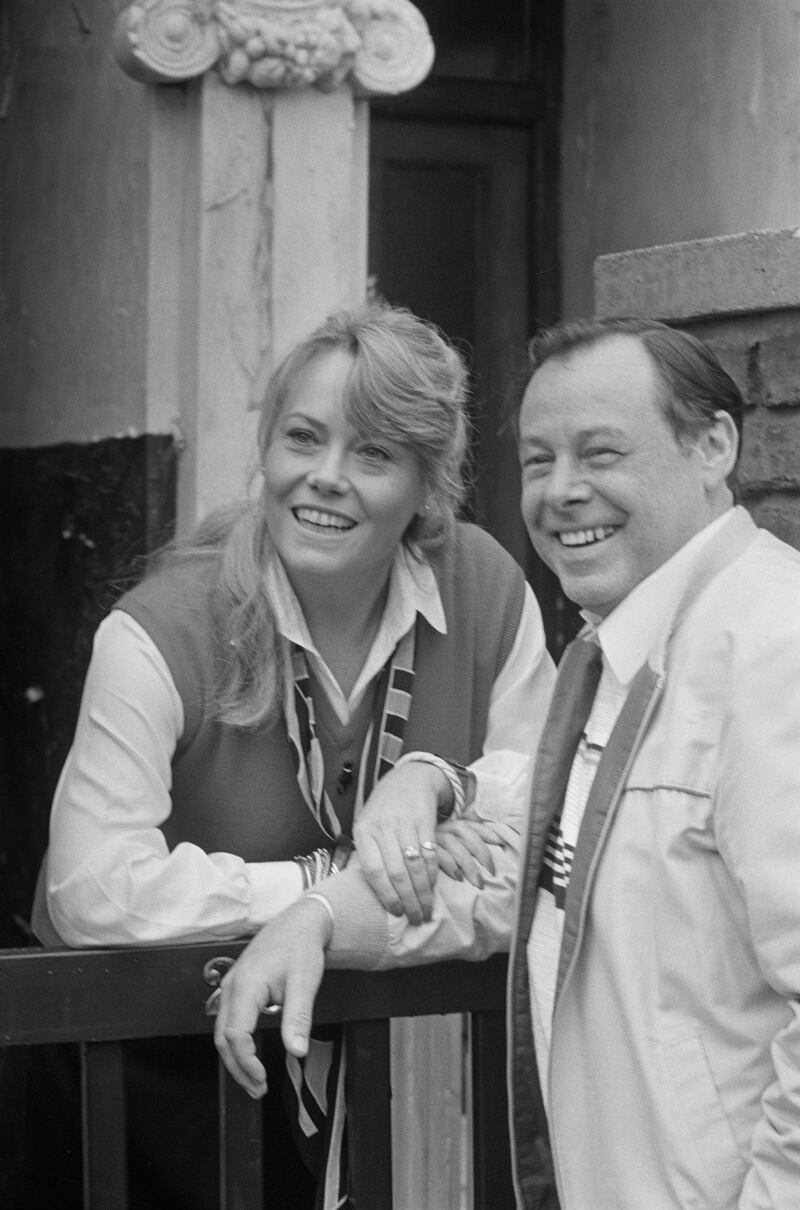 EastEnders actors Wendy Richard and Bill Treacher on the Albert Square set at Elstree Studios in Elstree, UK, in October 1984. Photograph: Daily Express/Hulton Archive/Getty Images