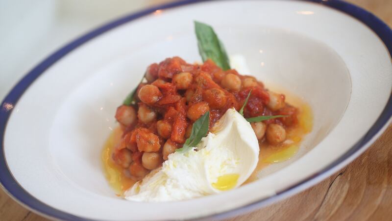 Mozzarella with chickpeas, tomato and Basil. Photograph: Nick Bradshaw