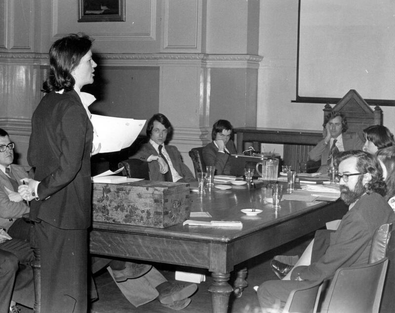 April 15th, 1976: Senator Mary Robinson speaks against the motion ‘That this house has faith in Western democracy’. On the right is Dick Walsh of The Irish Times, who supported the motion. Photograph: Paddy Whelan