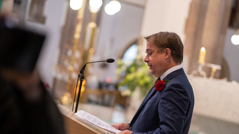 John Hume jnr speaks at the funeral of his father at St Eugene’s Cathedral in Derry. Photograph: Stephen Latimer/PA Wire