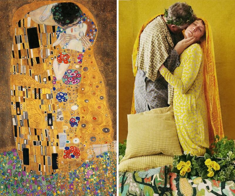 Pandemic portraits: Gustav Klimt’s The Kiss, plus Molly O’Cathain’s restaging, featuring her parents, Liz Nilsson and Brian Ó Catháin. Photographs: DeAgostini/Getty and courtesy of Molly O’Cathain