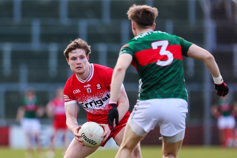 Derry’s Ethan Doherty and Mayo’s Donnacha McHugh in a league Division 1 match at Celtic Park, Derry, on March 16th, 2025. Photograph: Lorcan Doherty/Inpho