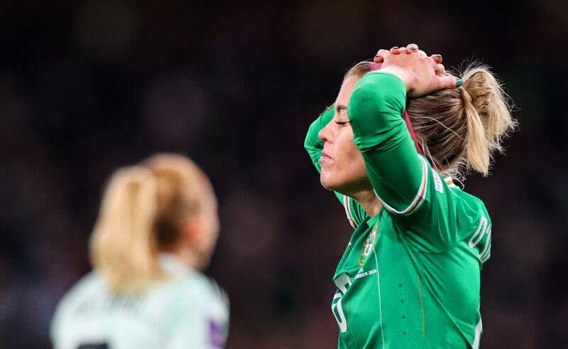 Denise O’Sullivan reacts to a missed chance late in the game against Wales. Photograph: Ryan Byrne/Inpho