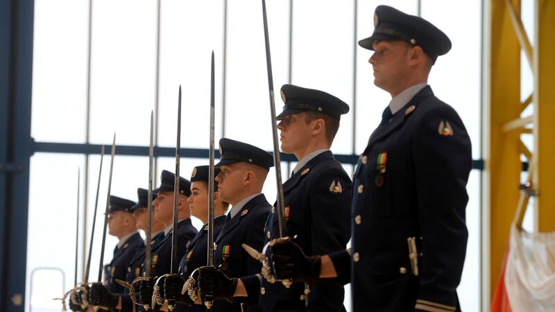 Members of the 35th Air Corps Cadet Class Ronan O’Leary, Fiachra McGoldrick, James Brennan, Lauren Cusack, Daniel McKeown, Sean Curran and Eric Lawless are pictured during a commissioning  ceremony in Baldonnell. Photograph: Alan Betson/The Irish Times.