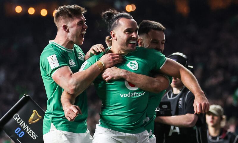 Ireland’s James Lowe celebrates scoring against England in Twickenham last year. Photograph: Andrew Fosker/Inpho