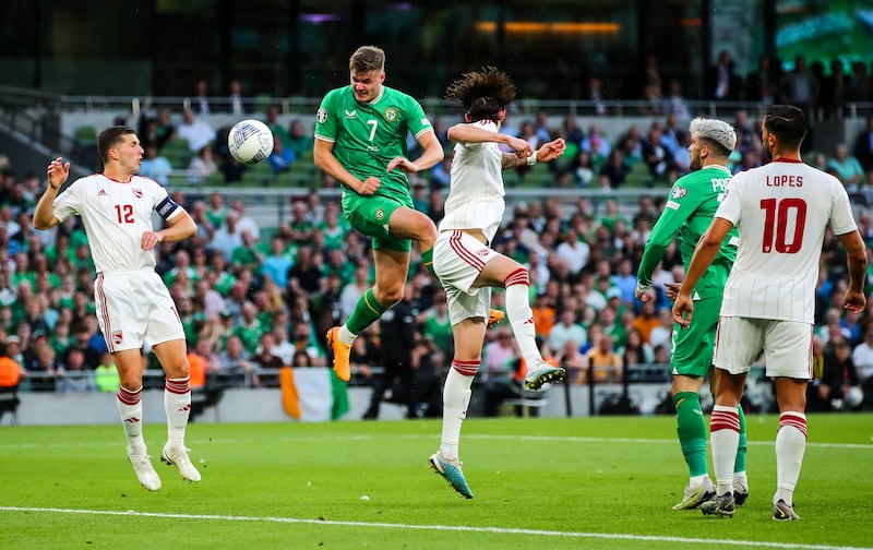 Ireland’s Evan Ferguson scores their second goal. Photograph: James Crombie/Inpho