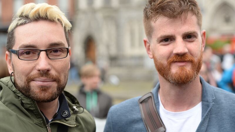 Andras Fulop and Thomas Kovacs at the Trans Pride march in Dublin. Photograph: Dara Mac Dónaill/The Irish Times