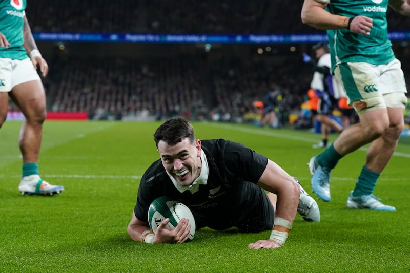 New Zealand's Will Jordan scores a try during the Autumn international match at the Aviva Stadium. Photograph: Brian Lawless/PA Wire