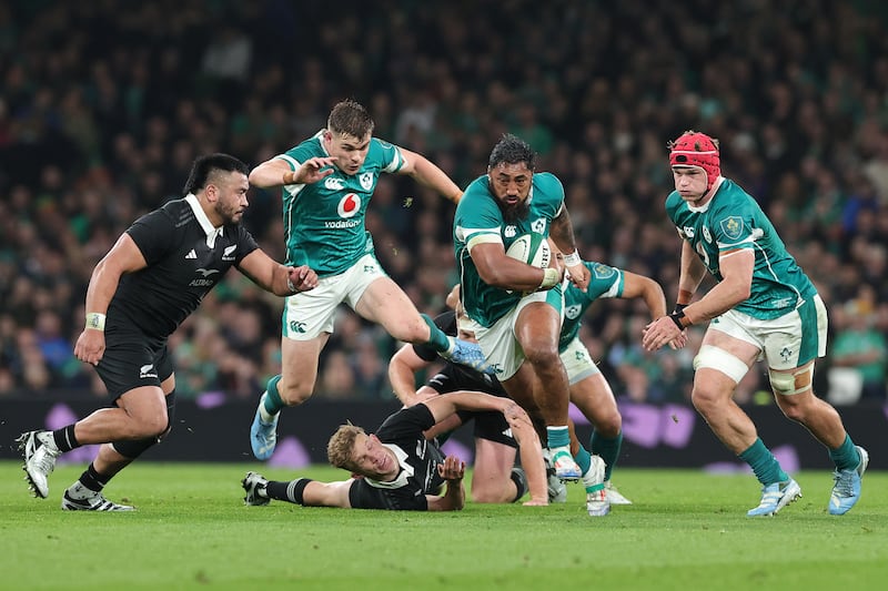 Bundee Aki makes a break during the match against New Zealand at the Aviva Stadium. Photograph: David Rogers/Getty Images