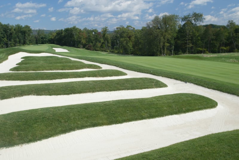 View of the church pew bunkering on the 15th hole at Oakmont Country Club in Oakmont, Pensylvania. Photograph:y Rick Stewart/Getty Images