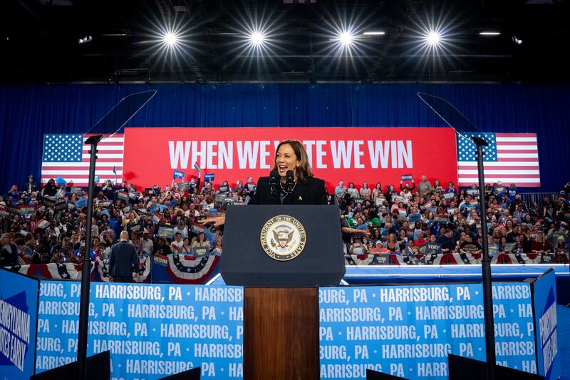 Kamala Harris speaks during a rally at the Pennsylvania Farm Show Complex & Expo Center on October 30th. Photograph: Andrew Harnik/Getty Images