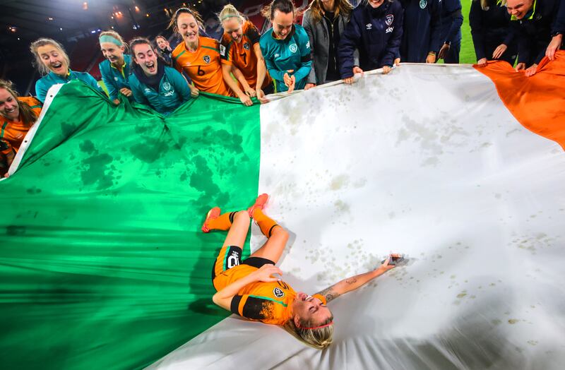 Denise O’Sullivan celebrates winning with her Republic of Ireland team-mates after the victory over Scotland in the World Cup play-off at Hampden Park, Scotland. Photograph: Ryan Byrne/Inpho 