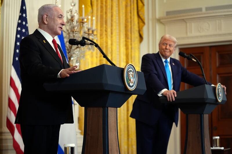 US president Donald Trump and Israeli prime minister Binyamin Netanyahu in the East Room of the White House on Tuesday. Photograph:  Evan Vucci/AP