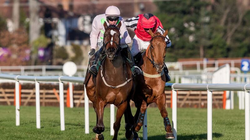 Paul Townend on Min interferes with Mark Walsh on Simply Ned at the Paddy’s Rewards Club Steeplechase during day two at Leopardstown Racecourse, earning a disqualification. Photograph: Morgan Treacy/Inpho