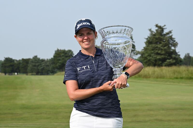 Ashleigh Buhai with the ShopRite LPGA Classic trophy. Photograph: Drew Hallowell/Getty Images