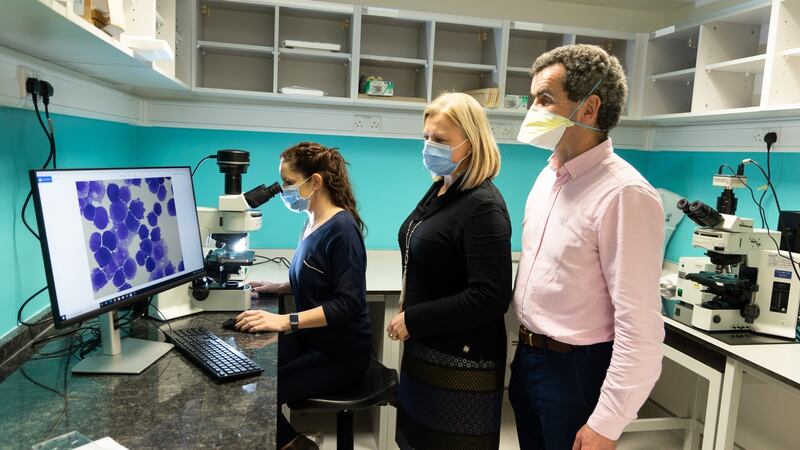 Dr Tracey O’Donovan, Dr Sharon McKenna and Prof Seamus O’Reilly working in the Western Gateway Building, UCC, on a new lithium-enhanced cancer treatment. The research was funded by Breakthrough Cancer Research. Photograph: Darragh Kane